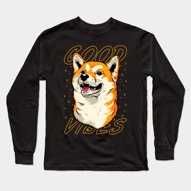 Playful Shiba Inu Spreading Good Vibes Long Sleeve T-Shirt by Rhunno